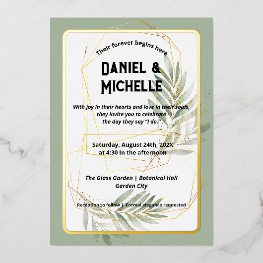 Botanisches Thema der modernen schwarzen Goldhochz Folieneinladung (Vorderseite)