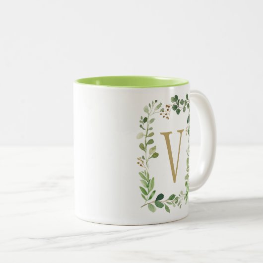 Botanisches Traumgrün verlässt Monogramm Zweifarbige Tasse (VorderseiteRechts)