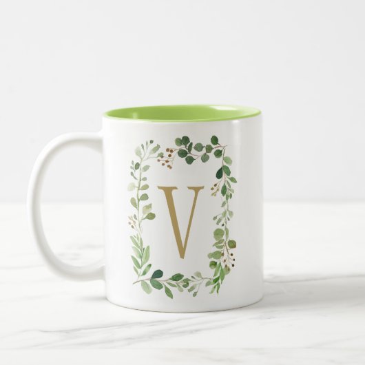 Botanisches Traumgrün verlässt Monogramm Zweifarbige Tasse (Links)