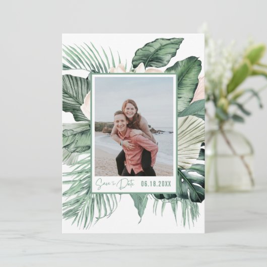 Botanisches tropisches Hochzeitsfest-Foto Save the Save The Date (Stehend Vorderseite)