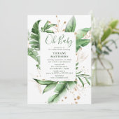 Botanisches tropisches Leaf Rahmen & Gold Baby Dus Einladung (Stehend Vorderseite)