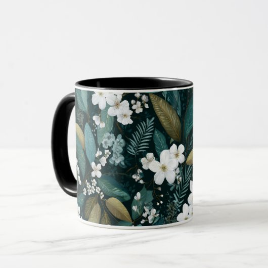 Botanisches Wald Blatt Weißes Blumenmuster Tasse (Vorderseite Links)