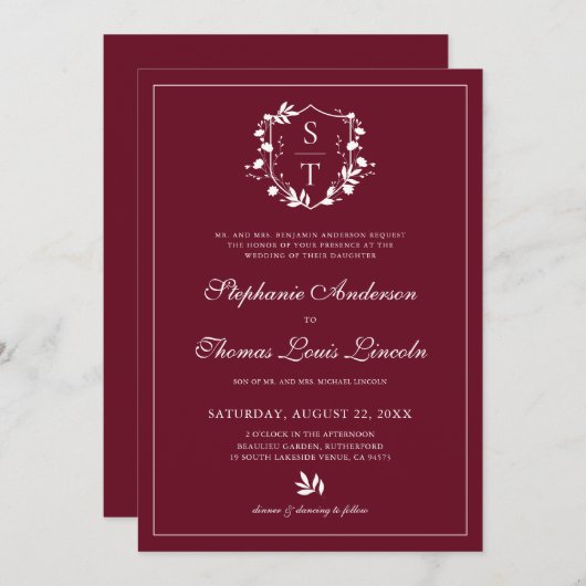 Botanisches Wappen Burgundy Wedding QR Code Einladung (Vorne/Hinten)