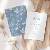Botanisches Wappen Dusty Blue Monogram Einladung