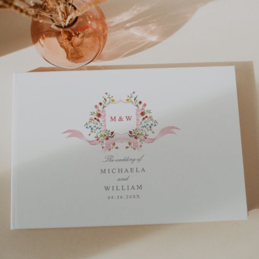 Botanisches Wappen Hochzeit in Rosa Wasserfarbe Gästebuch