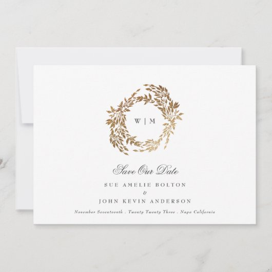 Botanisches Wappen-Hochzeit mit klassischem Gold M Save The Date (Vorderseite)