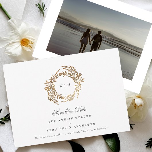 Botanisches Wappen-Hochzeit mit klassischem Gold M Save The Date