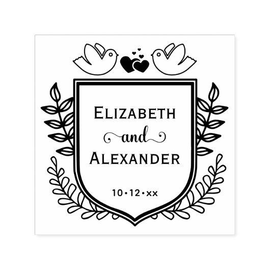 Botanisches Wappen Love Birds Hearts Couple Weddin Permastempel (Design)