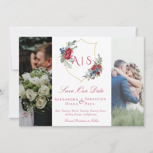 Botanisches Wappen mit floralen Flecken 3 Monogram Save The Date (Vorderseite)