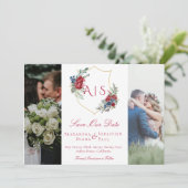 Botanisches Wappen mit floralen Flecken 3 Monogram Save The Date (Stehend Vorderseite)