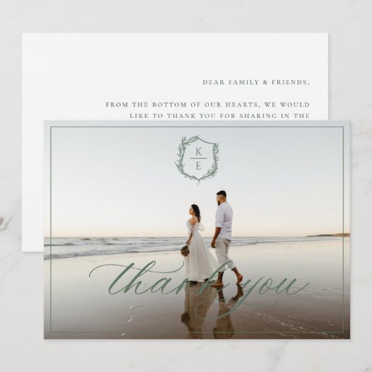Botanisches Wappen Monogram Wedding Foto Dankeskarte (Vorne/Hinten)