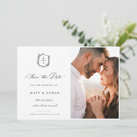 Botanisches Wappen Monogram Wedding Foto Save The Date (Stehend Vorderseite)