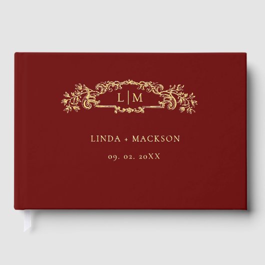 Botanisches Wappen-Monogramm-Hochzeit in Burgund Gästebuch (Vorderseite)