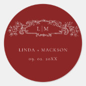 Botanisches Wappen-Monogramm-Hochzeit in Burgund Runder Aufkleber (Vorderseite)