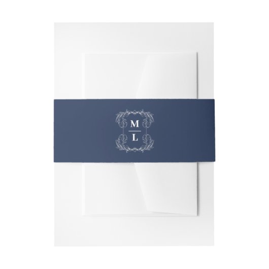 Botanisches Wappen Navy Blue & White Monogram Wedd Einladungsbanderole (Vorderseite Beispiel)