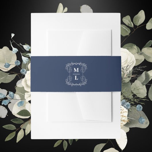Botanisches Wappen Navy Blue & White Monogram Wedd Einladungsbanderole
