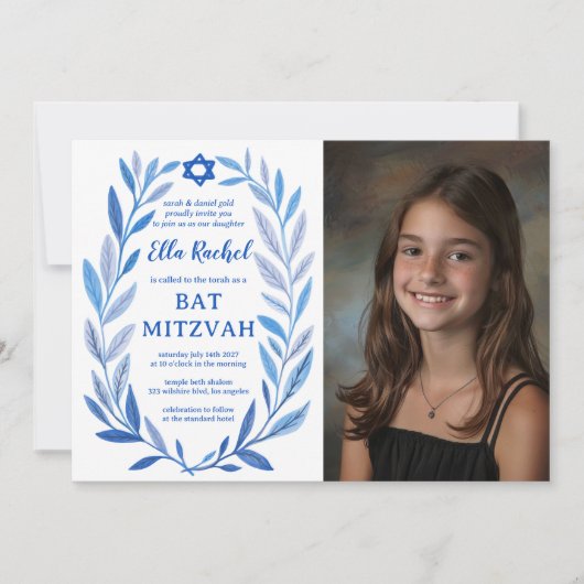 Botanisches Wasserfarben CUSTOM FOTO QR Bat Mitzva Einladung (Vorderseite)