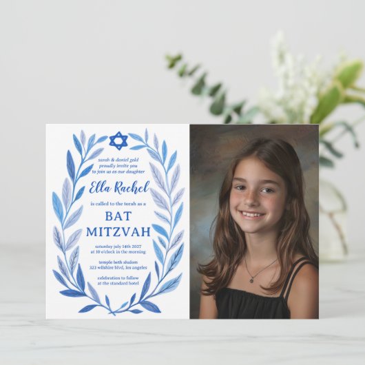 Botanisches Wasserfarben CUSTOM FOTO QR Bat Mitzva Einladung (Stehend Vorderseite)