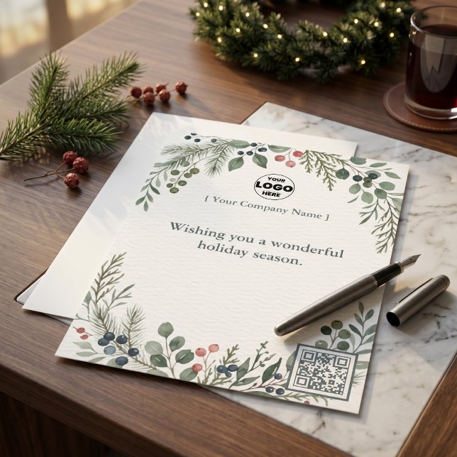 Botanisches Weihnachts-Corporate-Logo QR-Code Feie Briefbogen (Botanical Christmas Corporate Logo QR Code Holiday Letterhead)