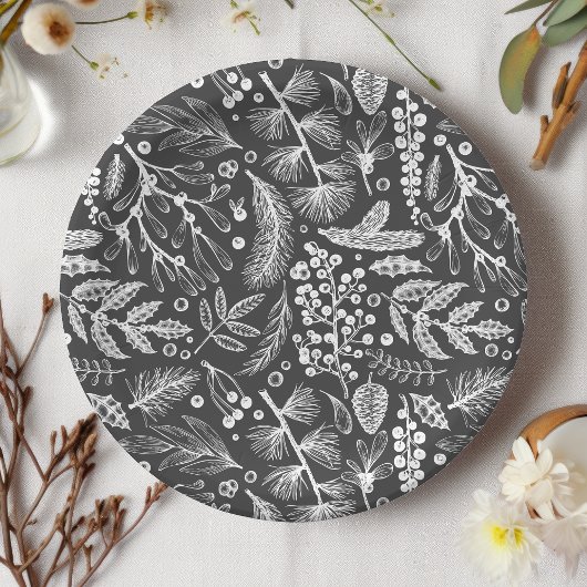 Botanisches Weihnachtsblatt Pine Berries Muster Pappteller