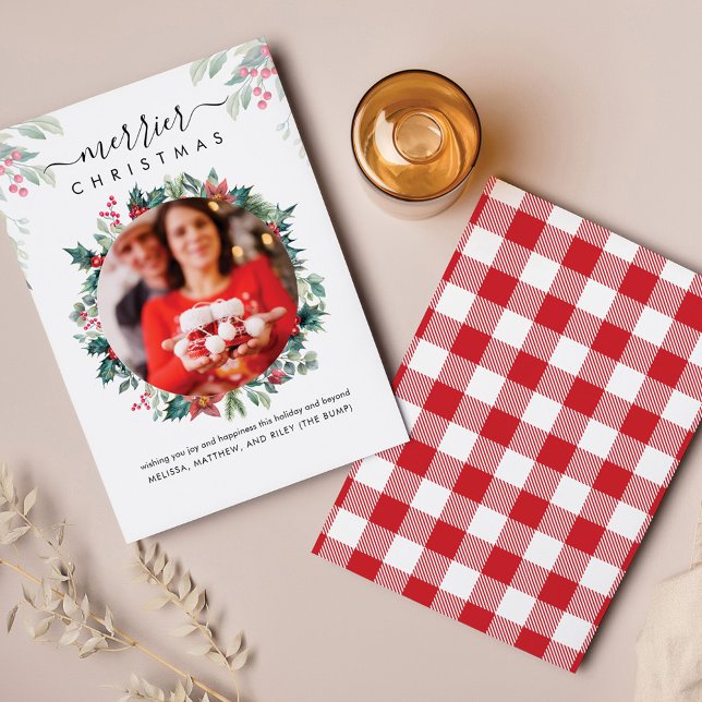 Botanisches Weihnachtsfest Foto Schwangerschaft An (Plaid Red Green Pregnancy Announcement Botanical Photo  Script Card)