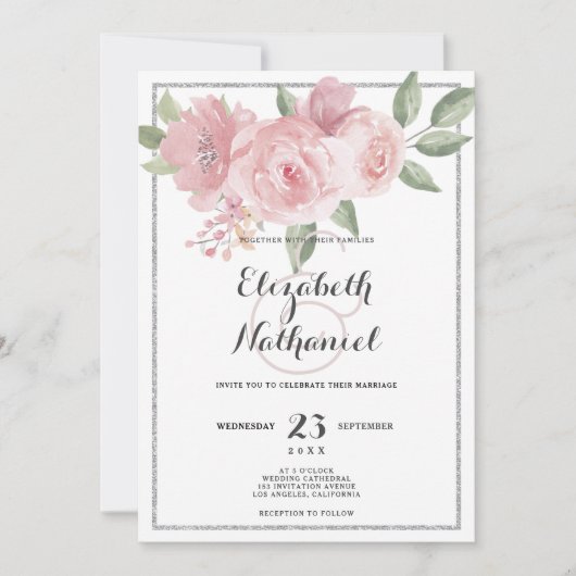 Botanisches weißes rosa grünes Blumenthema Hochzei Einladung (Vorderseite)