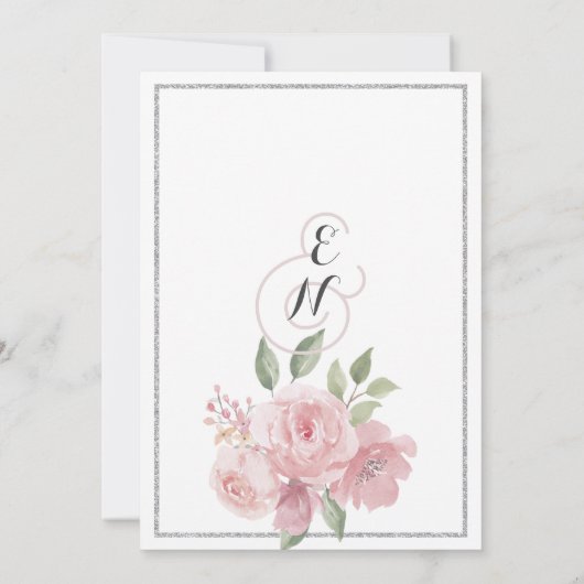 Botanisches weißes rosa grünes Blumenthema Hochzei Einladung (Rückseite)