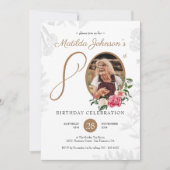 Botanisches Weißgold Custom Foto 80. Geburtstag Einladung (Vorderseite)