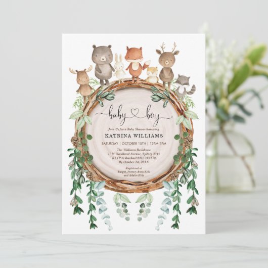 Botanisches Woodland Tiere Grüne Kinderdusche Einladung (Stehend Vorderseite)