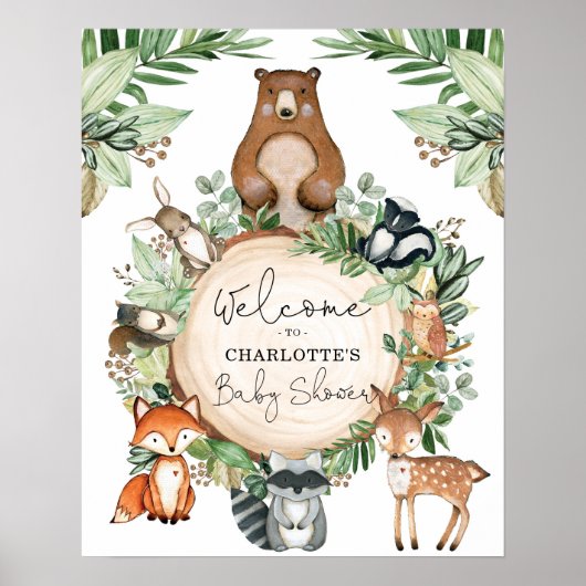 Botanisches Woodland Tiere Kinderdusche Willkommen Poster (Vorne)
