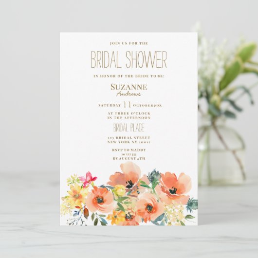 Botanorange-gelb-rosa Brautparty Einladung (Stehend Vorderseite)