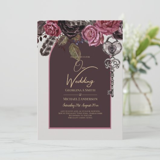 BOTHIC ROSE Burgund Hochzeit im Herbst Einladung (Stehend Vorderseite)