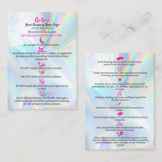 Botox Aftercare Imitate Holograph Instruction Visitenkarte (Vorne/Hinten)