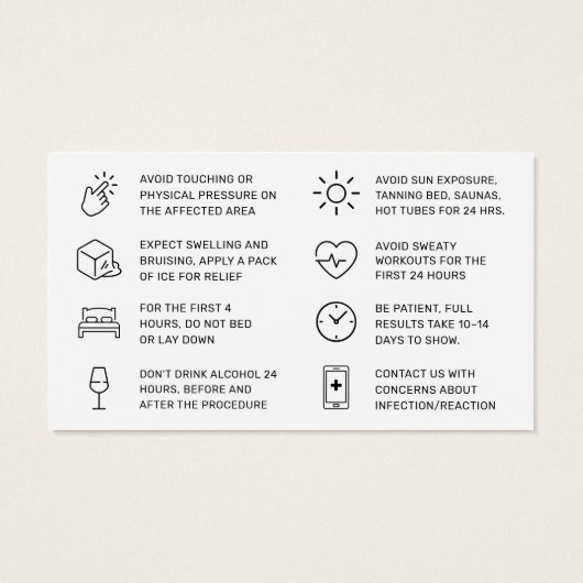 Botox Filler Injektionskarte nach der Behandlung (Rückseite)