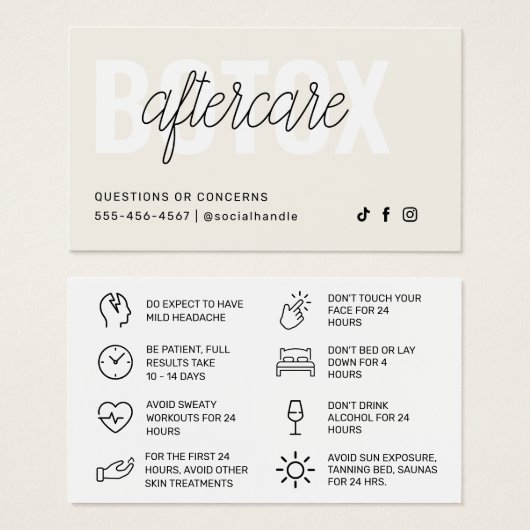 Botox Filler Injektionskarte nach der Behandlung (Vorne & Hinten)