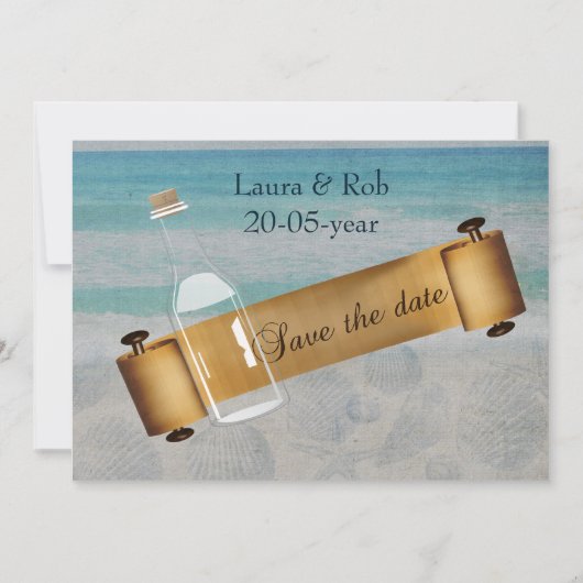 Botschaft bei einer Hochzeit am Flaschenstrand Save The Date (Vorderseite)