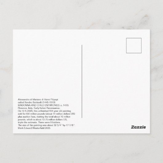 Botticelli (1445-1510) Madonna & Child Enthroned Postkarte (Rückseite)