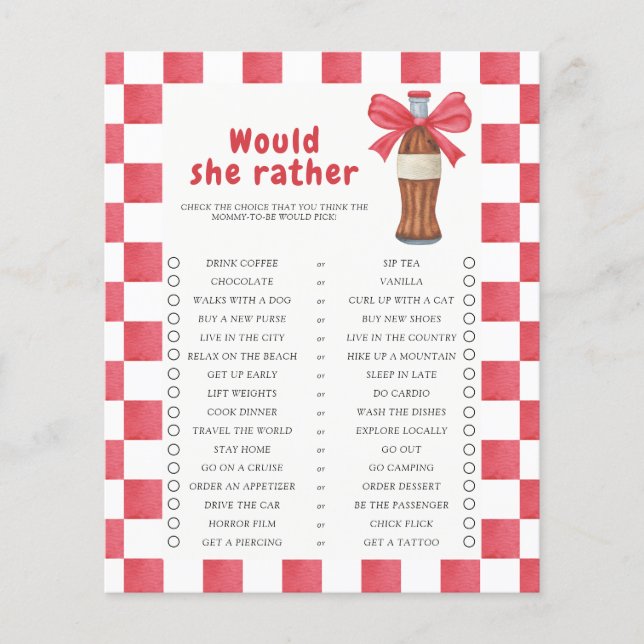 Bottle Baby shower Would She Rather game  (Vorderseite)