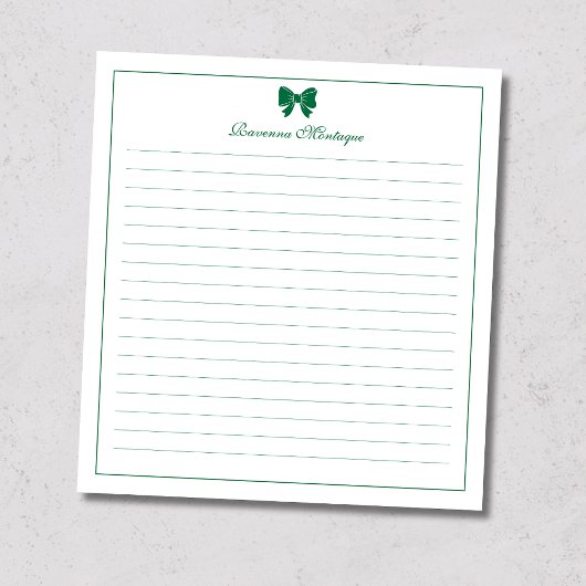 Bottle Green Bow Border Custom Name Lined Notizblock