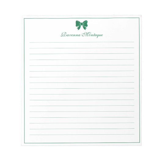Bottle Green Bow Border Custom Name Lined Notizblock (Vorderseite)