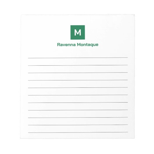 Bottle Green Modern Lined Chic Trendy Monogram Notizblock (Vorderseite)