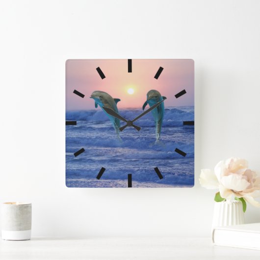 Bottlenose Dolphin bei Sonnenaufgang Quadratische Wanduhr (Zuhause)