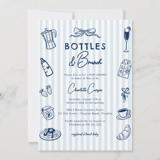 Bottles and Brunch Doodle Baby Shower Blue Striped Einladung (Vorderseite)