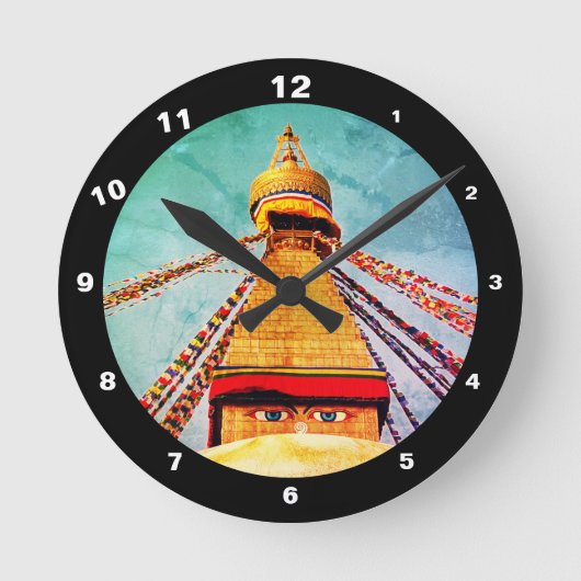 Boudhanath Stupa & Buddha - Nepal /Vintag Dharma Runde Wanduhr (Vorderseite)
