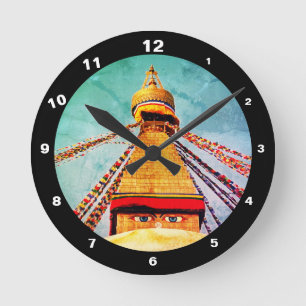 Boudhanath Stupa & Buddha - Nepal /Vintage Dharma Runde Wanduhr