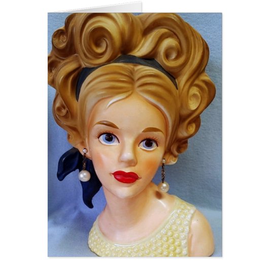 Bouffant Hair Lady Head Vase Big Blue Eyes Card (Vorne)