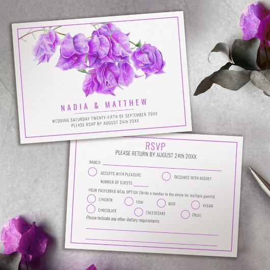 Bougainvillea Aquarell lila Hochzeitsmahl RSVP Karte