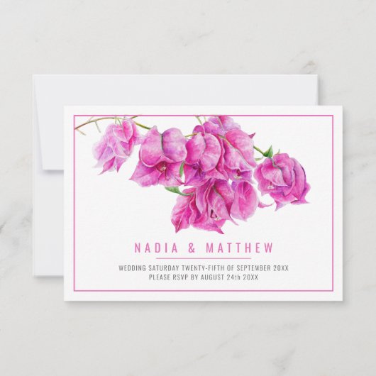 Bougainvillea Aquarellfarben Rosa-weiße Hochzeit RSVP Karte (Rückseite)