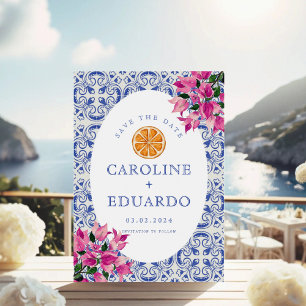 Bougainvillea-Blau-Fliesen-Hochzeits-QR-Code Save The Date