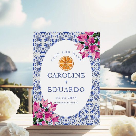 Bougainvillea Blue tile Wedding QR Code Save The Date